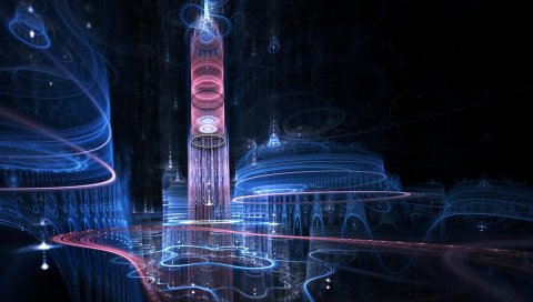 Фрактал, город, воображение, синий, небо