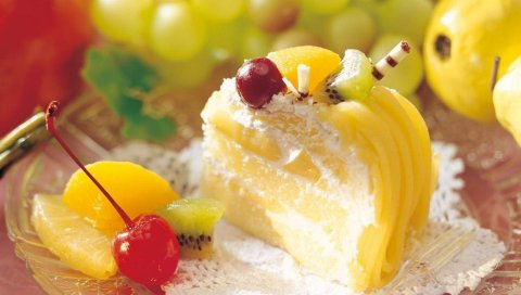 Десерт, торт, фрукты, ананас, киви, вишня