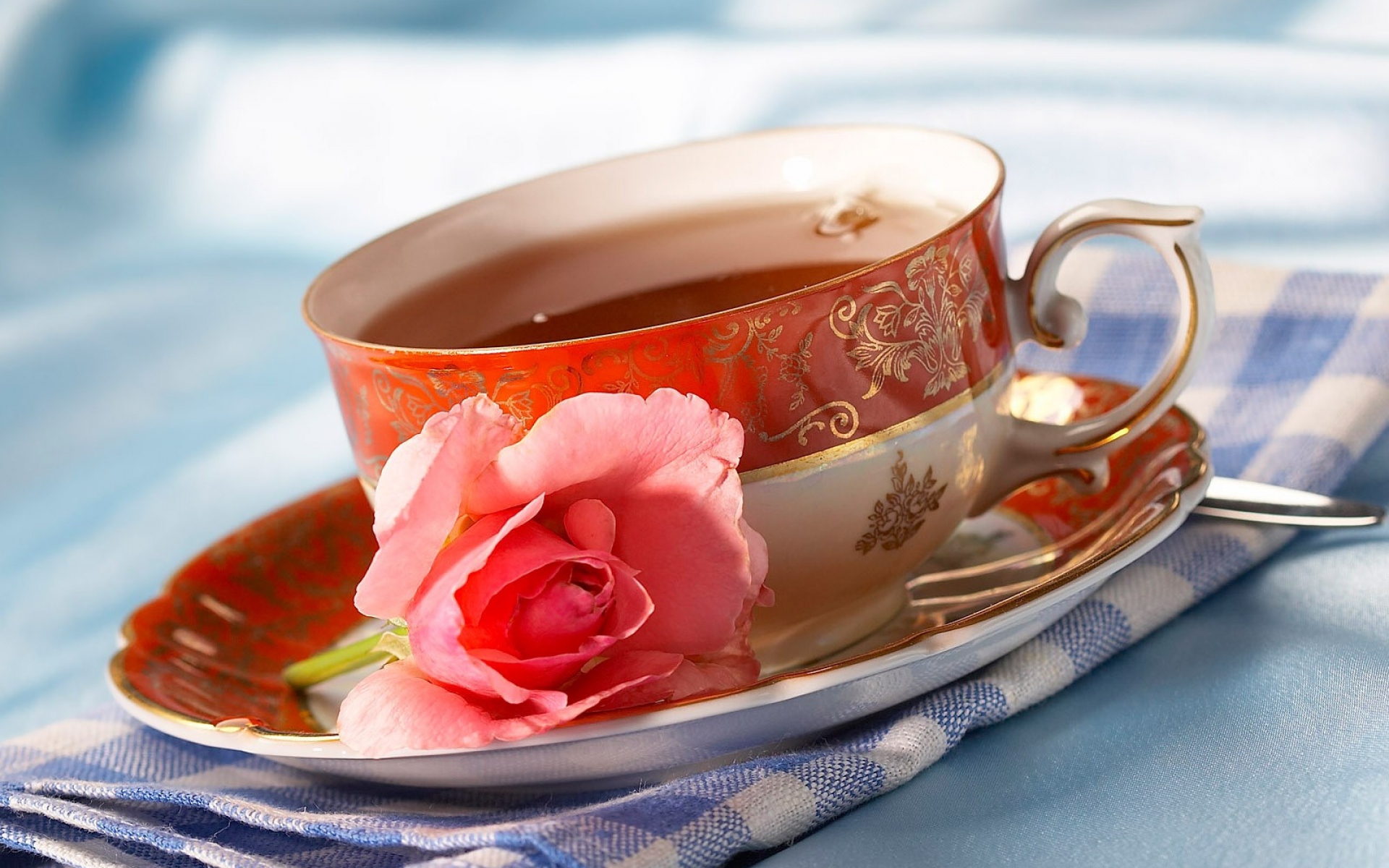 Картинки Чай, чашка, роза, салфетка фото и обои на рабочий стол