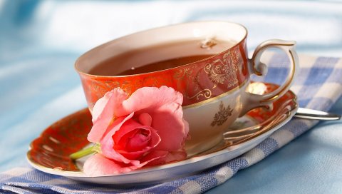 Чай, чашка, роза, салфетка