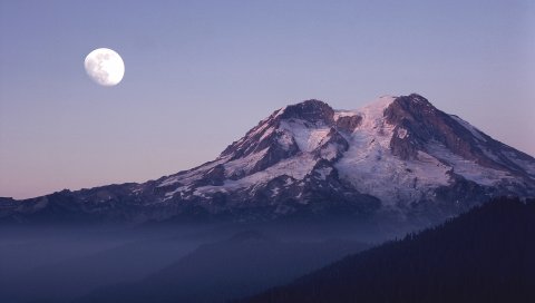 Горы, вершина, луна, снег, облака, высота