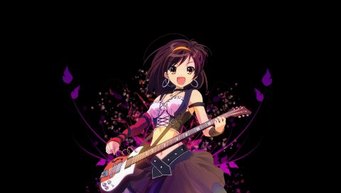 Девушка, гитара, пояс, музыка, рок, веселье, фиолетовый, лепесток