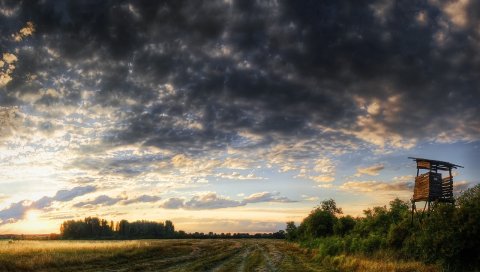 Дорога, поле, строительство, вечер, облака