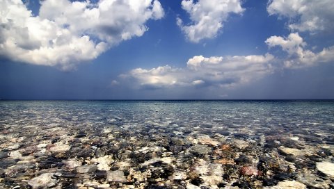 Море, вода, прозрачный, камни, снизу, облака, небо