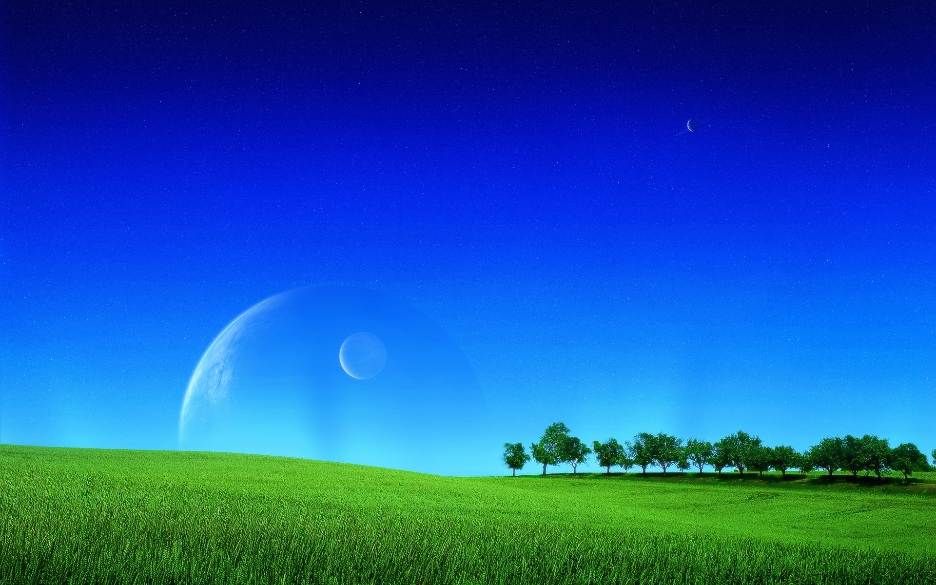 Картинки Трава, зелень, поле, лужайка, небо, планеты, космос фото и обои на рабочий стол