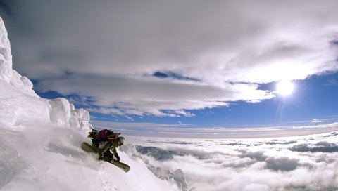 Экстремальный, спуск, вертикальный, сноуборд, высота, гора, человек