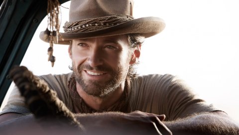 Hugh jackman, шляпа, улыбка, милый, мужчина, щетина