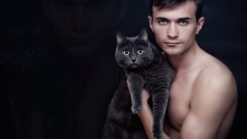 Мужчина, кошка, черный, брюнетка, милый