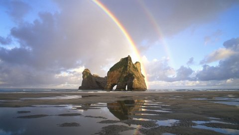 Песок, радуга, скалы, бассейны, вода, новая зеландия