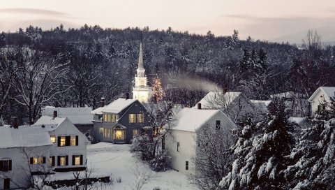 Новая Англия, снег, зима, строения, деревья