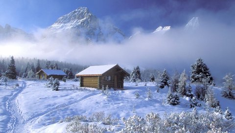 British columbia, снег, следы, домики, облака, высота, горы