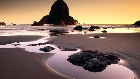 Море, камни, песок, побережье, пляж, блоки, бассейны
