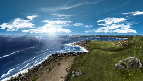 Море, пляж, песок, солнечные лучи, свет, зелень, горы, камни, побережье