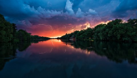 Облака, гроза, река, отражение, молния, деревья