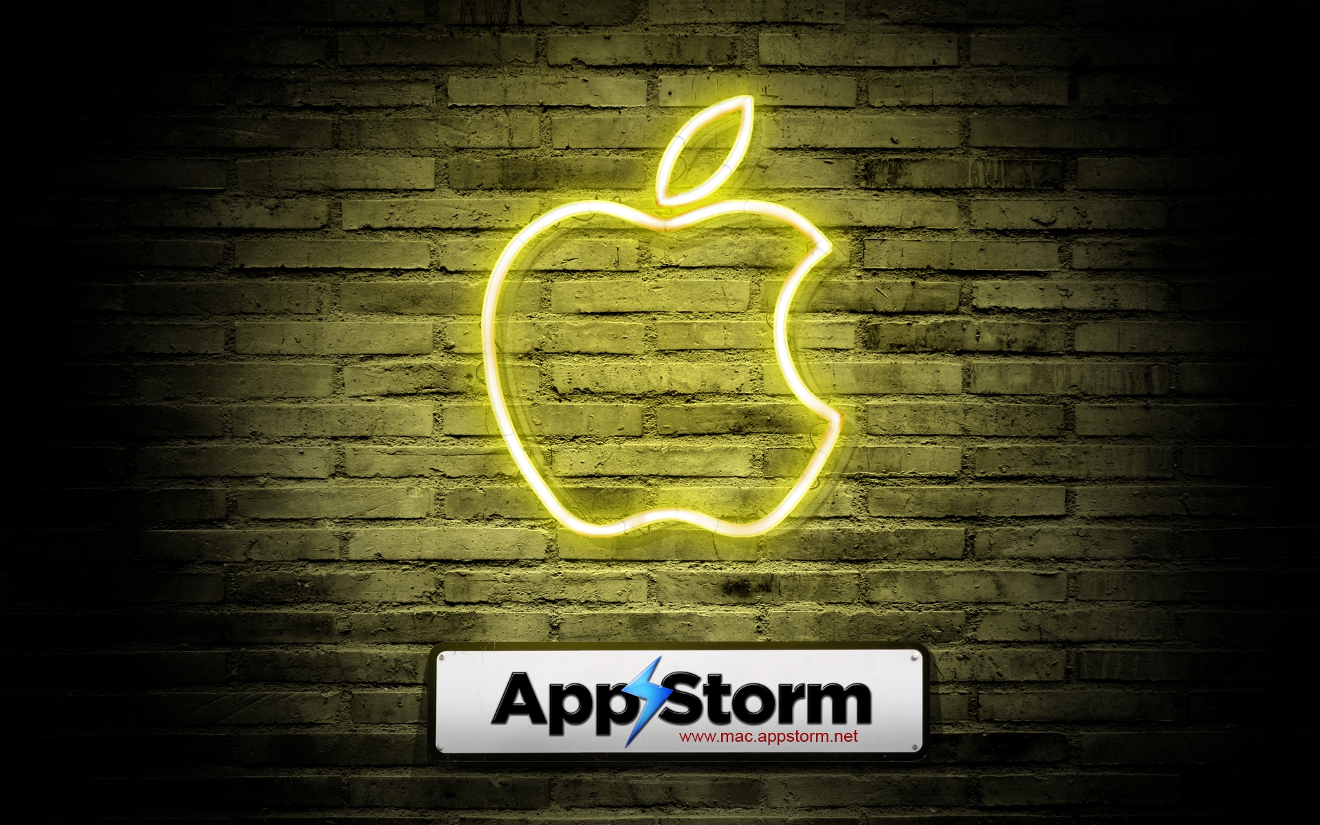 Картинки App storm, apple, mac, wall, brick red, yellow, shadow фото и обои на рабочий стол