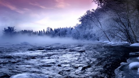 Река, лед, деревья, туман, течение, иней, вода, зима