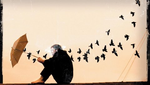 Одиночество, настроение, зонтик, люди, птицы