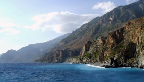 Скалы, побережье, горы, море, голубая вода, спокойный