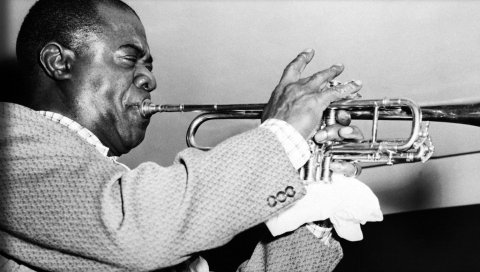 Louis armstrong, труба, куртка, лицо, игра