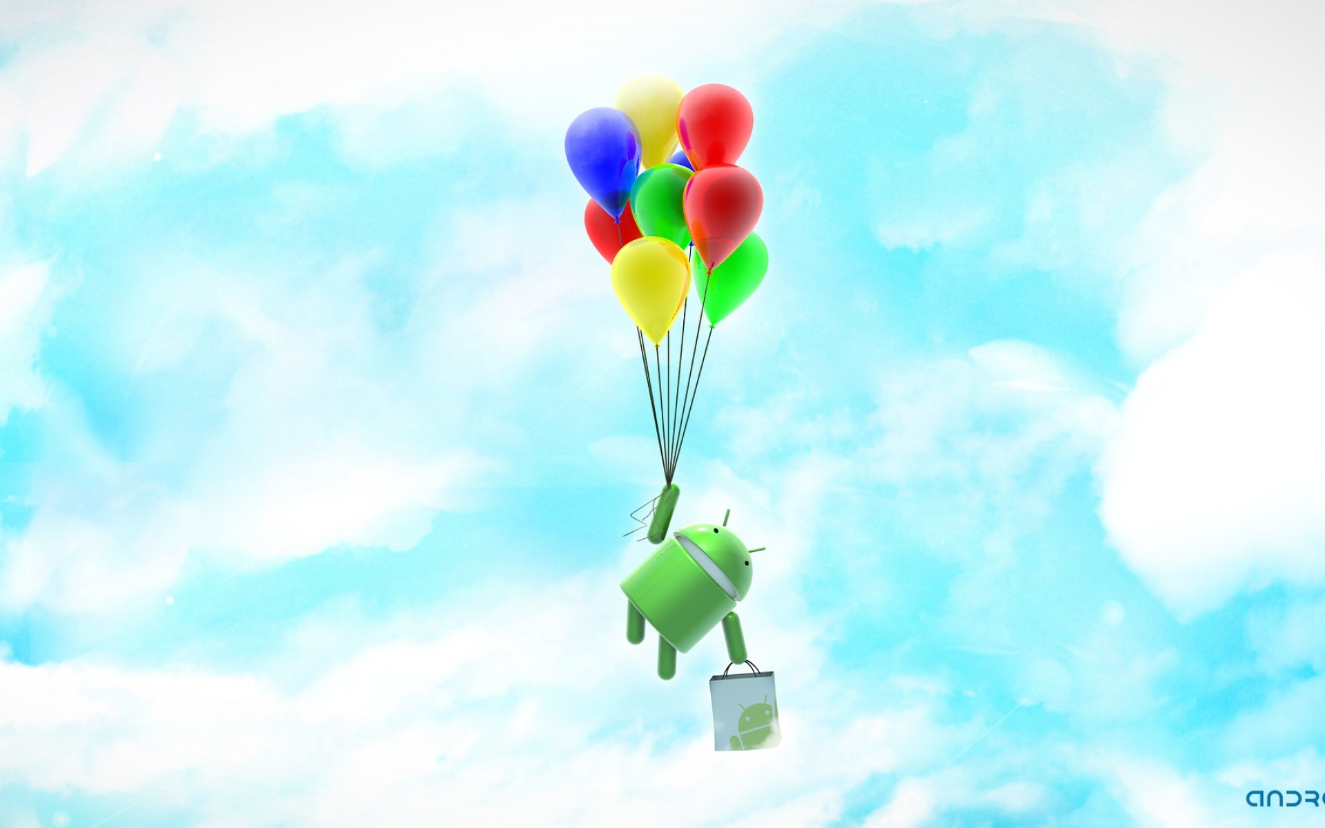 Картинки Андроид, система, робот, облака, небо, воздушные шары фото и обои на рабочий стол