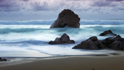 Волны, море, камни, буря, побережье, песок, пляж
