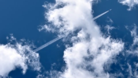 Самолет, след, небо, облака, синий