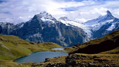 Швейцария, горы, озеро, камни, трава