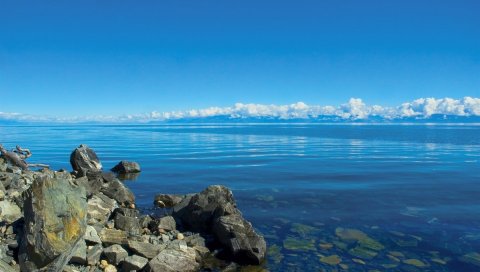 Камни, озеро, сибирский, байкал, вода, прозрачный, облака