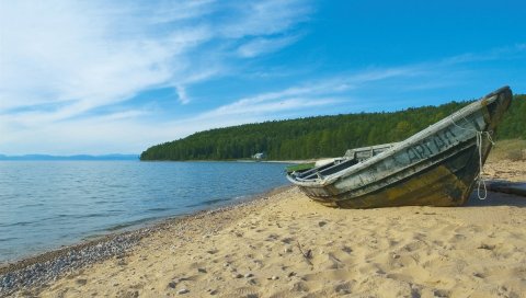 Деревья, берег, река, сибирская, дерево, песок, лодка
