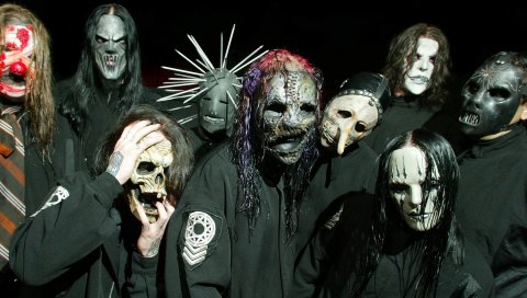Slipknot, свет, маски, изображение, ночь
