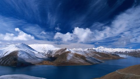 Небо, горы, холмы, река, облака, изгибы, вода