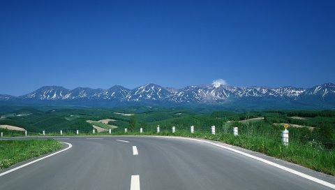 Дорога, поворот, горы, асфальт, вершины