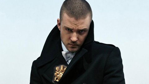 Justin timberlake, пальто, щетина, взгляд, значок