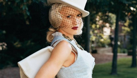 Gwen stefani, шляпа, парк, вуаль, блондинка