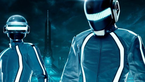 Daft punk, шлемы, свет, дом, фантастический