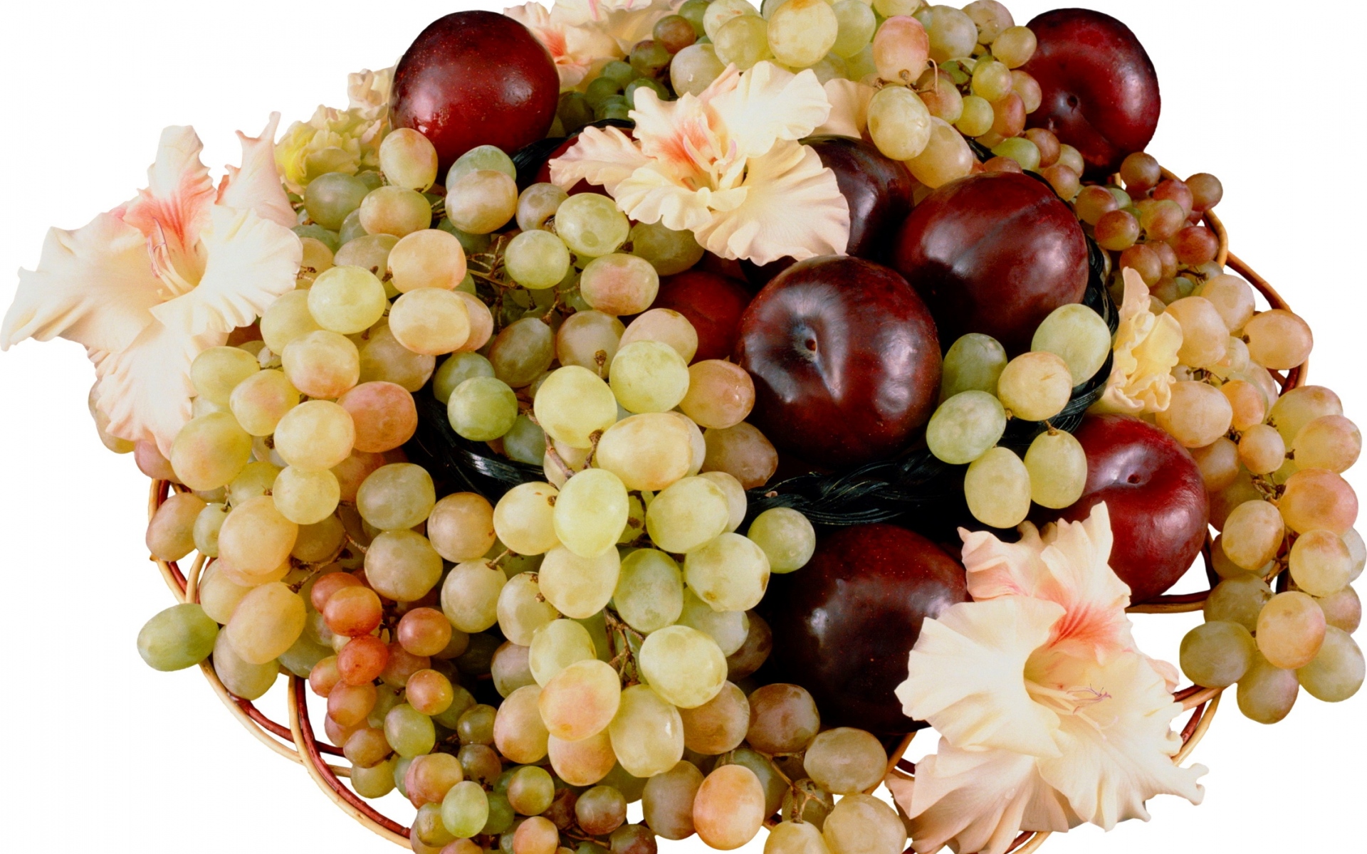 Картинки Сливы, виноград, цветы, фрукты, укладка фото и обои на рабочий стол