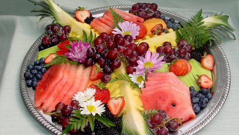 Ананас, фрукты, ягоды, орнамент, укладка, виноград, ежевика, арбуз, клубника, цветы