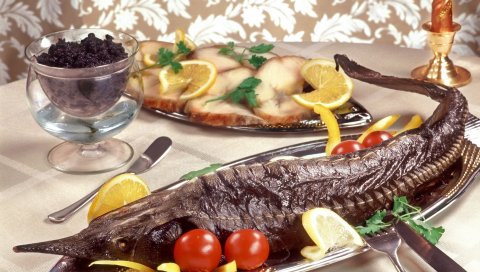 Рыба, запеченная, укладка, стол, горячая