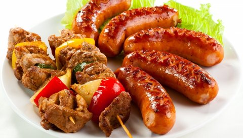 Шашлык, колбасы, жареные, мясо, зелень, овощи