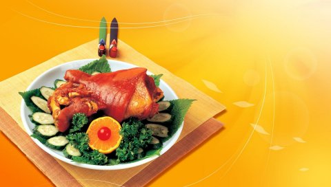Мясо, огурец, апельсин, тарелка, укладка