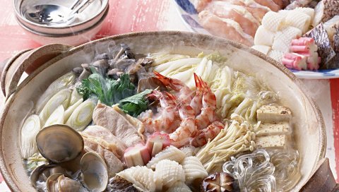 Японская кухня, морепродукты, горячий, суп, креветки, мидии, грибы
