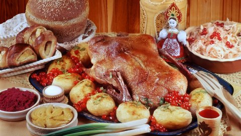 Курица, картофель, мясо, хлеб, горчица, соус, кукла, русская кухня, укладка, праздничный стол