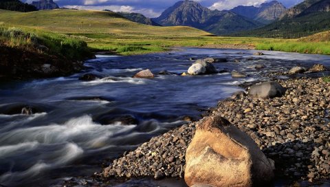 Камни, горная река, зелень, день