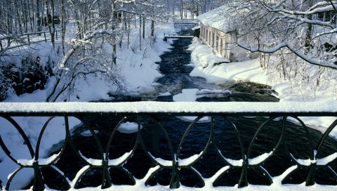 Река, мост, поручень, зима, узоры