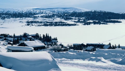 Деревня, зима, снег, открытые пространства, лес