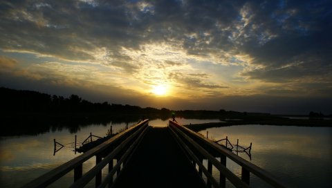 Пирс, вода, закат, вечер