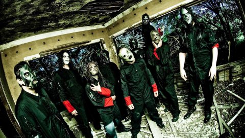 Slipknot, маски, изображение, крыша, комната