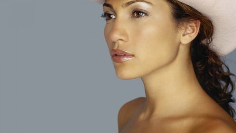 Jennifer lopez, шляпа, грудь, шея, волосы