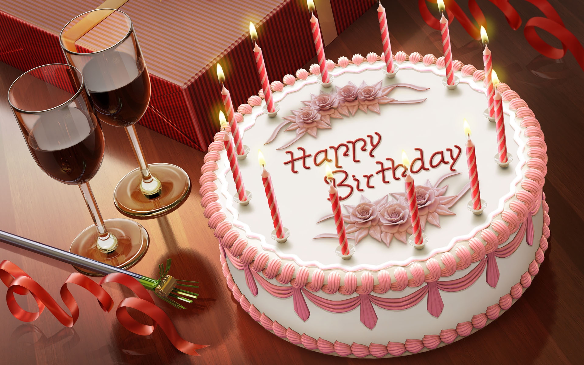 Картинки Пирог, свечи, день рождения, вино, бокалы, лента фото и обои на рабочий стол