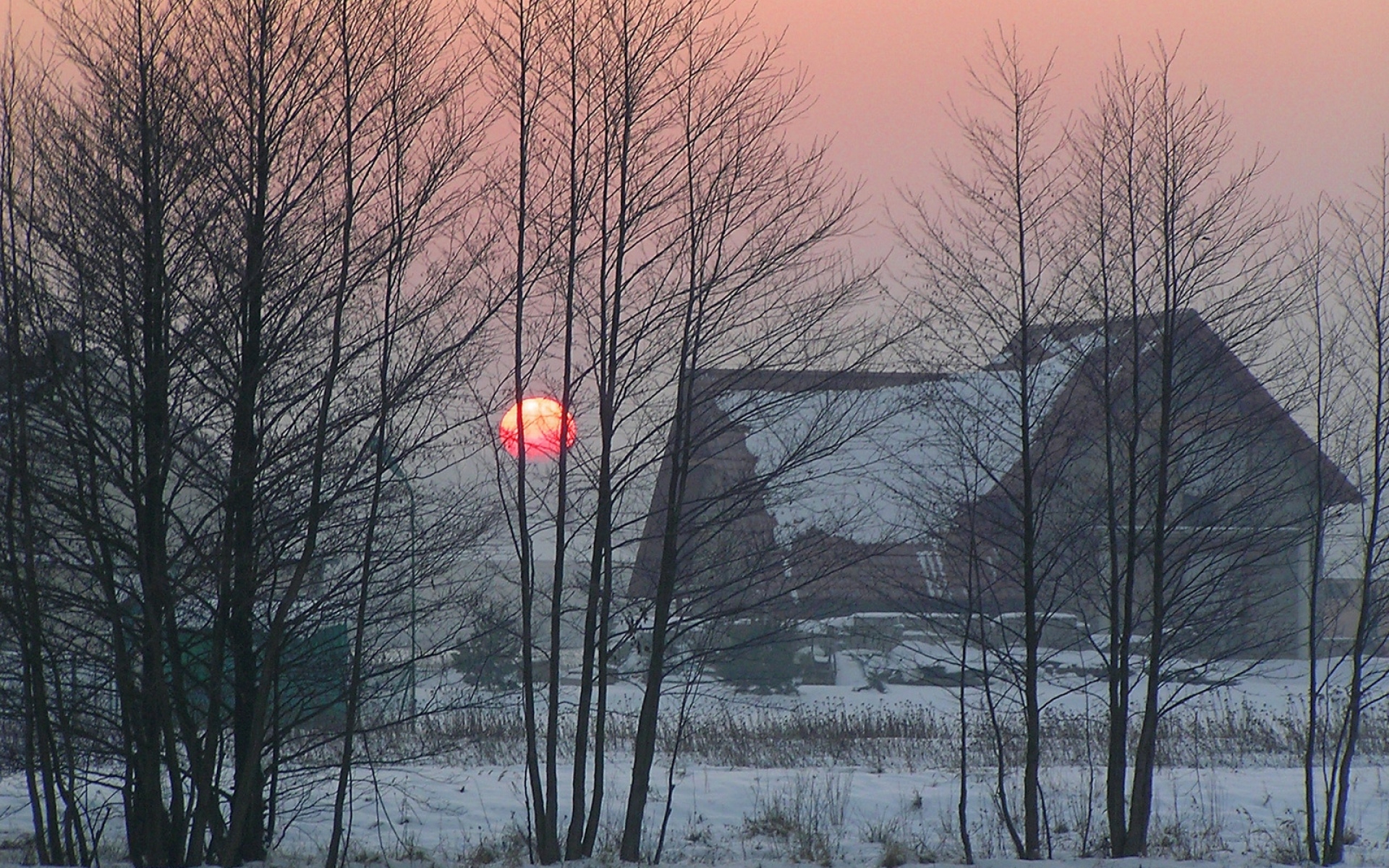 Картинки Дом, зима, рассвет, туман фото и обои на рабочий стол